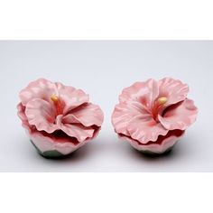 two pink flowers sitting next to each other on top of a white surface with one flower in the middle