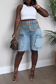 Fashion Casual High Waist Solid Color Straight Pocket Denim Shorts Chique Outfit, Style Overalls, Type Of Pants, 2000s Fashion, Spring Summer Outfits, Look Cool, Denim Fashion, Spring Summer Fashion, Denim Women