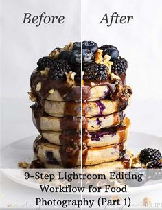 a stack of pancakes with blueberries on top and the words, 9 - step lightroom editing workflow for food photography part 1