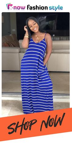 Blue Sexy Fashion Spaghetti Strap Sleeveless Slip Step Skirt Ankle-Length Striped Solid Casual Blue Striped Dress, Striped Dress, Ankle Length, Fashion Casual, Spaghetti Strap, Casual Fashion, Spaghetti, Shop Now