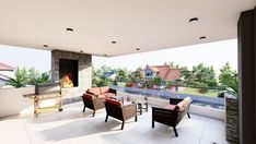 an outdoor living area with chairs, tables and a fire place in the middle of it