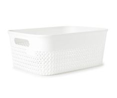 a white plastic basket with handles on the bottom and sides, in front of a white background