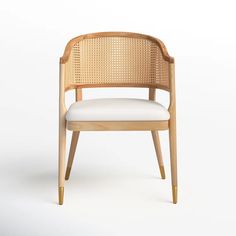 a wooden chair with white upholstered seat and armrests, viewed from the front