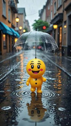 a small yellow smiley face figure holding an umbrella in the rain on a city street