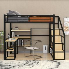 a loft bed with desk underneath it in a living room next to a book shelf