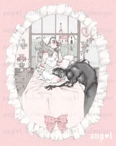 an illustration of two children in bed playing with a dog