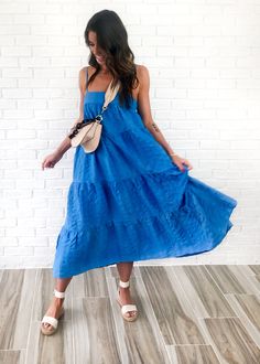 Piper Midi Tiered Dress Boat Dress Outfit, Flowy Blue Midi Dress, Blue Beach Outfit, Blue Dress Beach, Spring Maxi Dress Outfit, Blue Summer Dress Outfit, Honeymoon Dresses, Blue Beach Dress, Blue Tiered Dress