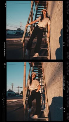 two photos of a woman leaning against a wall