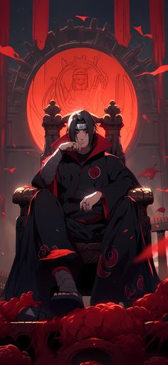 an anime character sitting on a throne in front of a red sun