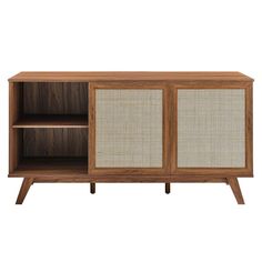 the sideboard is made out of wood and has two doors, one with wicker panels