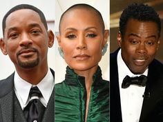 three men in tuxedos and one woman wearing a green dress at an oscars event