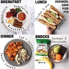 four pictures showing different types of breakfasts and lunches, including sandwiches, crackers, eggs, toasted bread, beans, nuts, avocadow