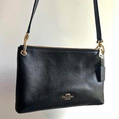 Black Leather Coach Mia Crossbody Shoulder Purse In Good Condition Black Crossbody Clutch, Coach Clutch With Removable Pouch For Evening, Coach Evening Clutch With Removable Pouch, Chic Everyday Coach Clutch, Coach Evening Pouch Clutch, Coach Crossbody Clutch For Evening, Everyday Use Coach Crossbody Clutch, Elegant Coach Clutch For Everyday Use, Black Satchel Clutch