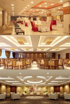 the inside and outside of a banquet hall