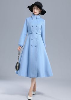 "How elegant the coat is! The blue wool coat was designed with a A-line silhouette and a fitted waist. It is made from blue wool blend fabric ,This warm winter coat is crafted with a high collar so it can keep you warm in cold weather. The midi coat open by front buttons. the belt loops can adjust the waist size. two side pockets and double breasted on it , it is handmade by Xiaolizi, more color available if you need, just write to us. DETAIL * More color optional https://etsy.me/3AwTfvZ * 50% w Solid Wool Pea Coat For Spring, Spring Wool Pea Coat, Blue Double-breasted Wool Pea Coat, Spring Wool Coat In Solid Color, Formal Blue Wool Coat With Button Closure, Solid Wool Coat With Buttons For Spring, Buttoned Wool Coat For Spring, Blue Wool Coat With Button Closure For Formal Wear, Fitted A-line Wool Coat For Spring