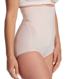 Smooth out your tummy and back with this high waisted brief shaping panty. Silicone gripper at inner waist provides a secure fit. Leg openings have bonded edges for an invisible look under clothing. Made of nylon, spandex, and cotton. Waist has inner silicone gripper to keep panty at the high waist. SmartComfort panels help smooth tummy and back. Silky soft knit feels lightweight against the skin to eliminate bulk. Cool Comfort fabric wicking keeps out moisture. Leg openings have bonded edges fo Sculpting Shapewear Bottoms Short Length, Supportive Shapewear Bottoms With Wide Waistband, Full Coverage Shapewear Bottoms With Contoured Waistband, Supportive High Waist Shapewear With Wide Waistband, High Waist Compressive Shapewear With Contoured Waistband, White High Waist Smoothing Shapewear, White High-waist Smoothing Shapewear, High Waist Compressive Shapewear With Wide Waistband, Compressive High-waist Shapewear Bottoms