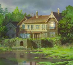 a painting of a house in the woods