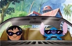 two cartoon characters sitting in the back seat of a car, one with sunglasses on