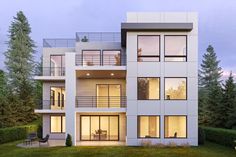 an artist's rendering of a two story house in the evening with large windows and balconies