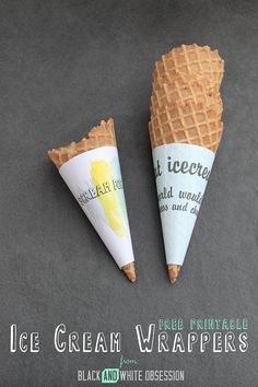 two ice cream cones with the words ice cream wrappers written on them are sitting next to each other