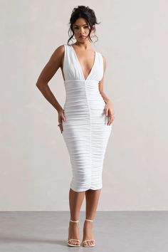 Attract White Ruched Plunge-Neck Midi Dress – Club L London - USA Plunge Neck Midi Dress, Figure Sculpting, Perfect Date Night, The Perfect Date, Club L London, Date Night Dress, White Midi, Top Models, Perfect Date