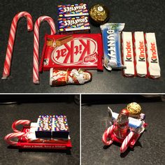 various candy bars and candies are arranged on the table