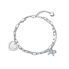 "This beautiful sterling silver heart and bowtie paperclip chain bracelet is the perfect way to finish any outfit. This beautiful sterling silver heart and bowtie paperclip chain bracelet is the perfect way to finish any outfit. Length: 7 in. Metal: sterling silver Finish: polished Additional details: cubic zirconia accents Packaging: boxed Please note, due to the high value of this item, a signature may be required upon delivery. Size: 7-9"" ADJ. Color: White. Gender: female. Age Group: adult." Sterling Silver Heart, Paper Clip, Silver Heart, Chain Bracelet, Gender Female, Cubic Zirconia, Silver Bracelet, Jewelry Watches, Age Group