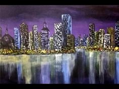 a painting of a city skyline at night