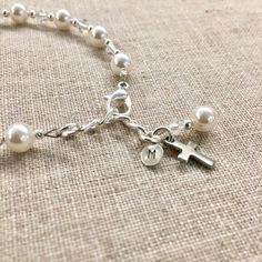 First Communion Gift Girl, Rosary Bracelet, Holy Communion, First Communion Bracelet, Personalized F Nickel-free Cross Bracelet Gift, Adjustable Nickel-free Pearl Bracelet For Gift, Nickel-free Sterling Silver Pearl Bracelet Gift, Elegant Silver Cross Beaded Bracelets, Elegant Silver Beaded Cross Bracelets, Nickel-free Sterling Silver Pearl Bracelet, Spiritual Cross Bracelet For First Communion, Elegant Cross Beaded Bracelets As Gift, Elegant Cross-shaped Beaded Bracelets For Gift