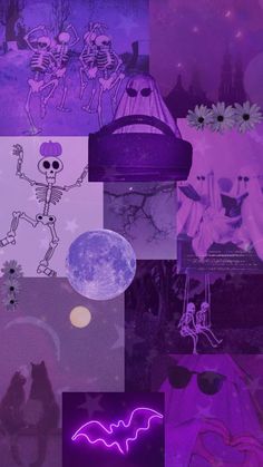 a collage of halloween images with purple and blue colors, including the skeleton in the background