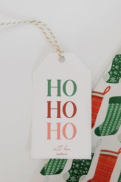 2.5” x 3” White Gift Tag with phrase “HO HO HO” and “With Love, madison.” All text and font colors are editable. Christmas Gift Tags Printable Templates, Holiday Gift Tags Diy, Holiday Gifts Diy, Christmas Stationary, Holiday Gift Tags Printable, Holiday Gift Wrapping, Gift Tag Design, Christmas Tags Printable