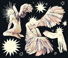 two angels with wings and stars on a black background, one in the foreground