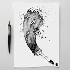 a drawing of a brush with water splashing on it and the tip of a pen sticking out