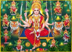 the hindu goddess sitting on a swing surrounded by tigers and other animals, with her arms outstretched