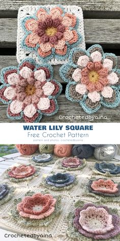 crocheted flowers are sitting on top of a wooden bench with text that reads water lily square free crochet pattern