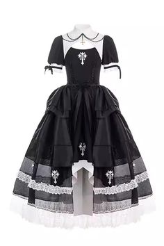 Black Nun Style Prayer for the Dead Stitching Lace Sheer Gothic Lolit – LolitaInside Gothic Short Sleeve Dress With Lace Trim, Fitted Lace Dresses With Patchwork Details, Embroidery Mermaid, Op Dress, Punk Dress, Style Gothic, Mermaid Skirt, Gothic Dress, Patchwork Designs