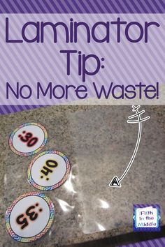 the laminater tip no more waste stickers are shown in purple and white