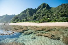 the water is crystal clear and there are mountains in the background