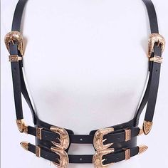 10 Off 1st Order On Pm Code: Elove4fashion Length - 35" Width - 3" Buckle Closure Polyurethane, Elastic, Mix Iron One Size Fits Most Vegan Leather Chunky Black And Gold Double Grommet Vegan Leather Wide Wide Leather Buckle Tags: Wide Waist Leather Western/ Cowboy Chain Corset Studded Vintage Rhinestone Crystal Buckle Bag Clincher Harness Suspenders Skinny Designer Elastic Stretch Chunky Black & Gold Belly Corset Harness, Black Leather Corset, Harness Belt, Statement Belt, Western Buckles, Buckle Bags, Corset Belt, Leather Corset, Leather Harness