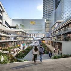 an artist's rendering of a shopping mall with people walking in the walkways