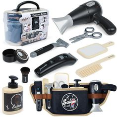 an assortment of grooming products including scissors, combs and other items