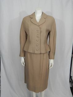 Vintage 50s Fifties Beige Taupe Crepe Women's Two Piece Notched Collar Jacket, Skirt Pant, Vintage Suits, Summer Fashion Dresses, Classic Suit, Antique Clothing, Collar Jacket, Fabric Covered Button, Notched Collar