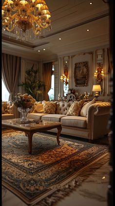 a living room filled with lots of furniture and a chandelier hanging from the ceiling