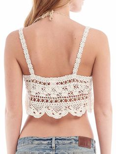 Feminine Lace Crochet Top For Vacation, Feminine Crochet Top With Lace Trim For Beach, Beach Crochet Top In Cotton Lace, Beach Cotton Lace Crochet Top, Feminine Beach Lace Top With Crochet Trim, Bohemian Scalloped Lace Top For Summer, Feminine Fitted Crochet Top With Crochet Trim, Fitted Feminine Crochet Top With Crochet Trim, Fitted Lace Top With Lace Trim For Vacation