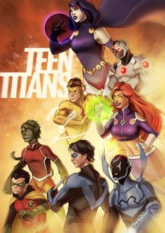 the cover to teen titans, featuring various superheros and their names in red letters