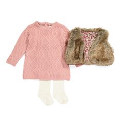 New With Tag Adrienne Vittadini 3 Piece Baby Girls Sweater Dress, Tights & Faux Fur Vest Set Color: Zephyr Pink And Tan Available In Size: 24 Months Sweater Dress Knit Long Sleeves Brown / Tan / Multicolor Faux Fur Vest Solid White Tights P2/3-3 9-3 4 Bin-Bs013 Sweater Dress Tights, Sweater Dress With Tights, Toddler Sweater Dress, Winter Christmas Outfits, Dress Tights, Green Sweater Dress, Girls Sweater Dress, Vest Set, White Tights