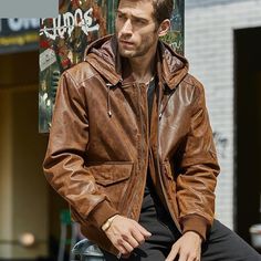 This brown-colored jacket for men is a perfect symbol of style and sophistication. The moto & Biker styled coat is designed with a detachable hood and a zipper closure. It's a pigskin made jacket with a polyester lining that has standard thickness, regular clothing length, full-length sleeves, and a turndown collar. SpecificationsBrand Name: GeraldBlackMaterial: PigskinCollar: Turn-down CollarDetachable Part: Hat DetachableClothing Length: REGULARLining Material: PolyesterHooded: YesModel Number: MXGX283Thickness: STANDARDStyle: Moto & BikerType: REGULARClosure Type: zipperOuterwear Type: Leather & SuedeGender: MENSleeve Length(cm): FullPattern Type: Solid Shipping THIS PRODUCT SHIPS FROM CHINA IN 3 TO 5 DAYS AND ARRIVES TO YOU IN 12 TO 21 BUSINESS DAYS. When purchasing clothing, shoes, an Brown Leather Jacket Men, Leather Jacket Brown, Leather Jacket For Men, American Casual, Men's Leather Jacket, Real Leather Jacket, Jacket For Men, Genuine Leather Jackets, Brown Jacket