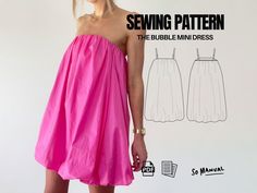 a woman in a pink dress is standing with her hand on her hip and the words sewing pattern below it