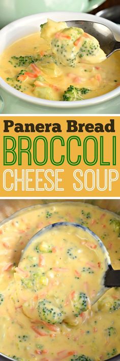 broccoli cheese soup in a pan with a spoon