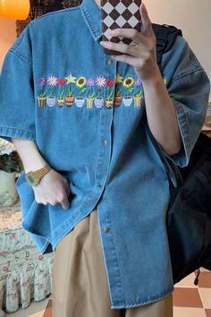 Plants Embroidery Denim Shirt, soft boy aesthetic outfits, 90s jean shirt, vintage outfits, retro clothing, vintage clothing, 90s fashion outfits , retro outfits, 90s clothing style, boogzel clothing E Boy Aesthetic Outfit, Eboy Clothes, 90s Clothing Style, Soft Boy Aesthetic Outfits, E Boy Style, Boys Aesthetic Outfits, Aesthetic Outfits 90s, Soft Boy Aesthetic, Mens Aesthetic